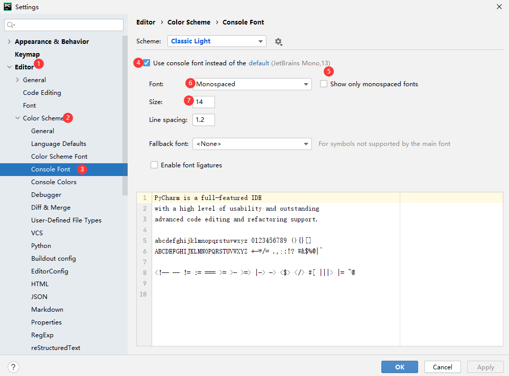 关于Pycharm 2020.2.3版开发环境中输出数据不对齐的设置.png